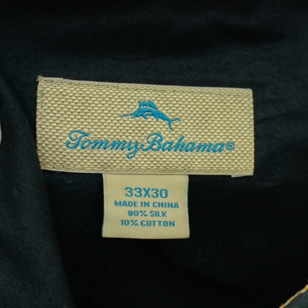 Tommy Bahama Silk Cotton Black Flat Front Herringbone Dress Pants 34/28.5 Mid Ri